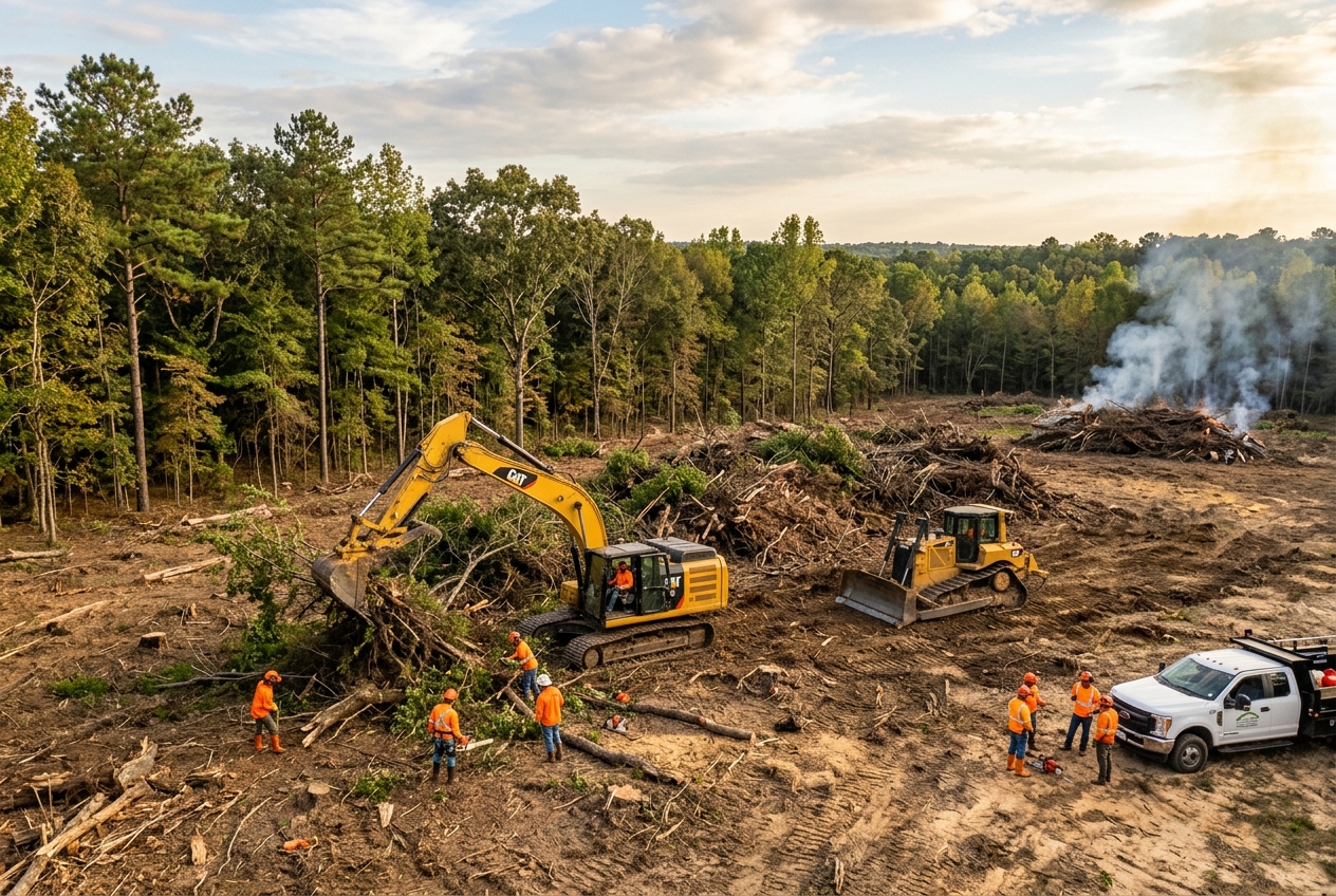 Land clearing operation with heavy equipment clearing wooded lot
