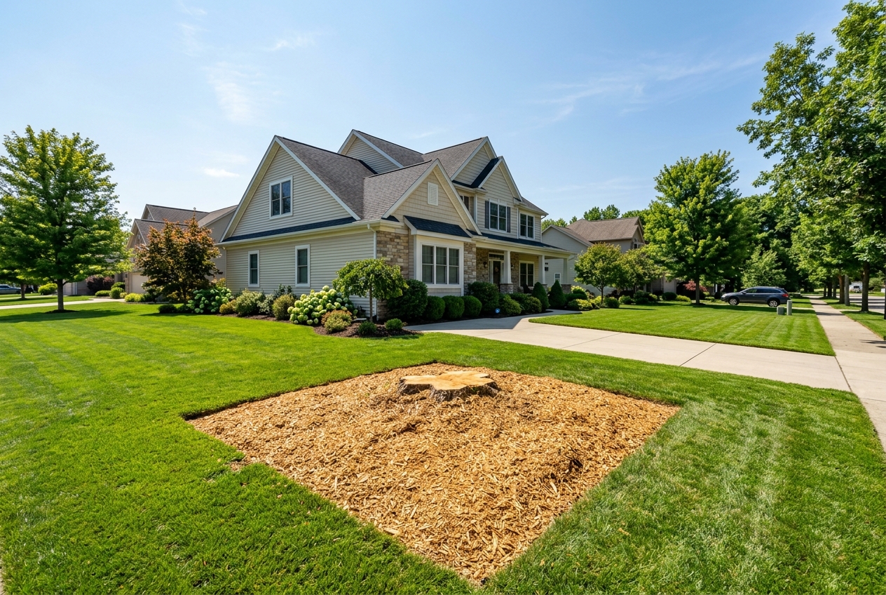 Clean yard after tree removal — stump ground and site cleared