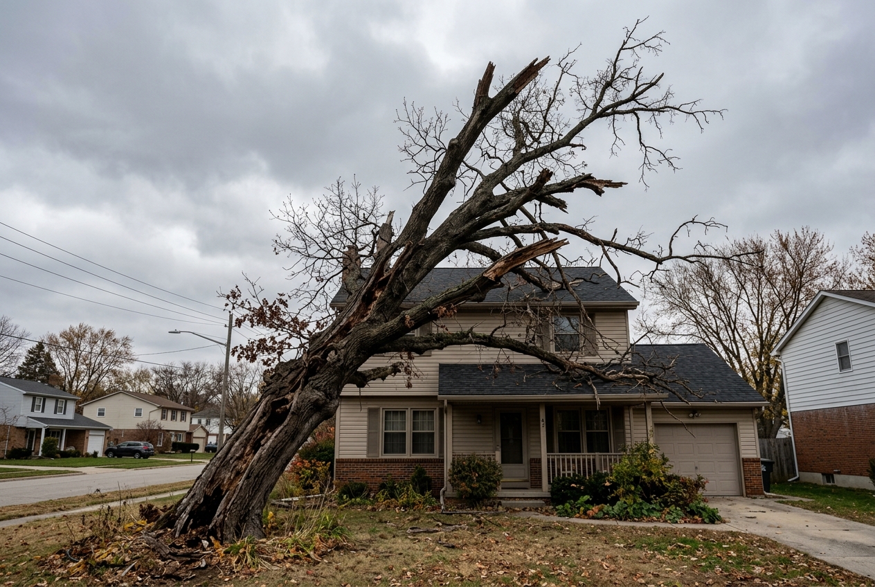 Hazardous dead tree leaning towards house — before removal