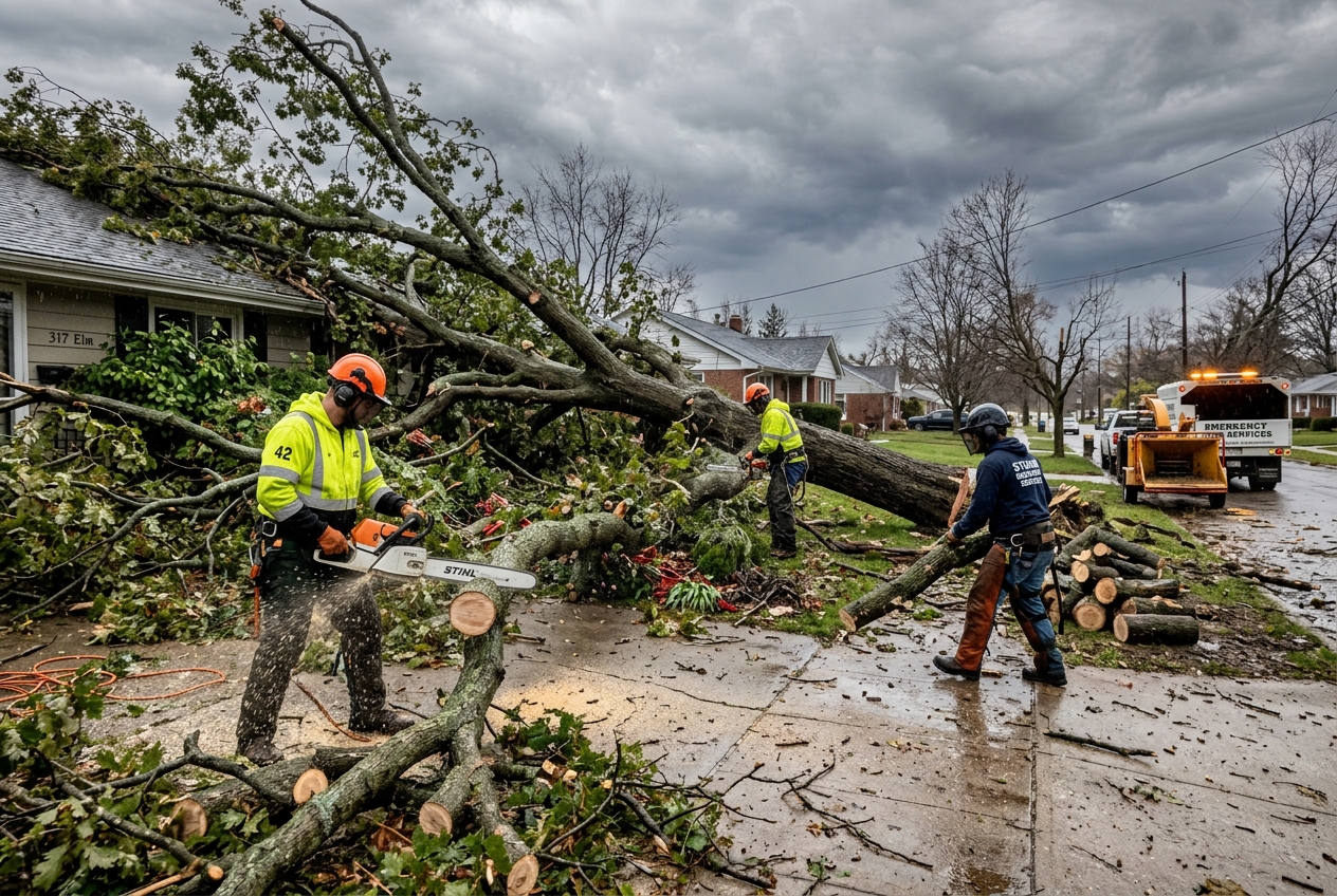 Emergency crew clearing fallen tree after storm damage