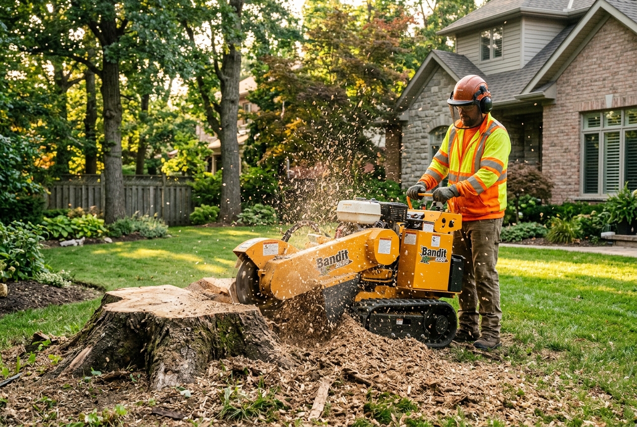 Stump grinding machine in action removing a large tree stump