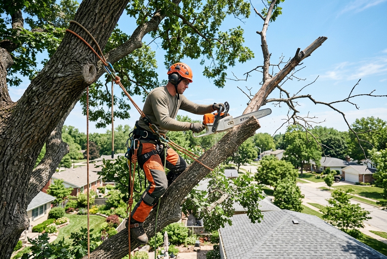 Professional arborist performing crown trimming high in a tree