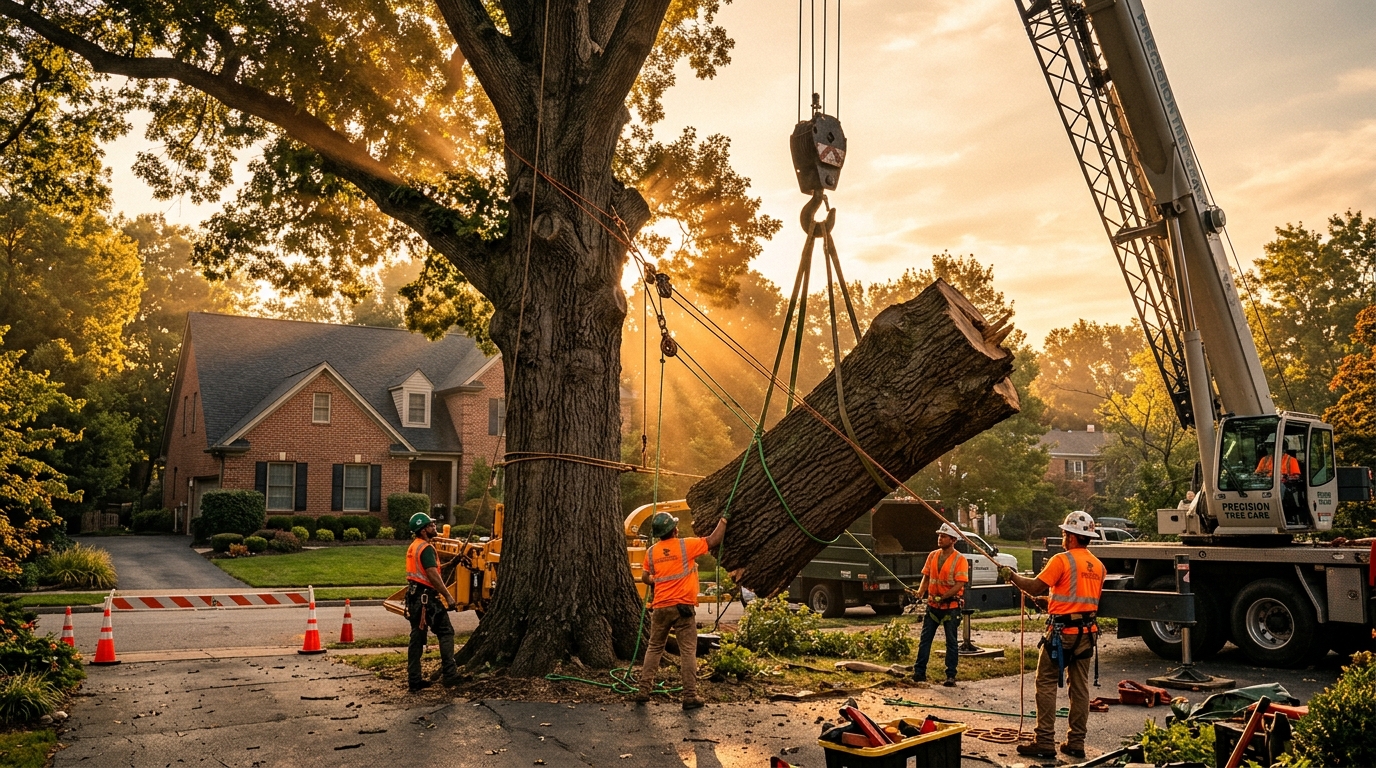 Professional tree removal crew safely lowering a large tree section with crane equipment at golden hour